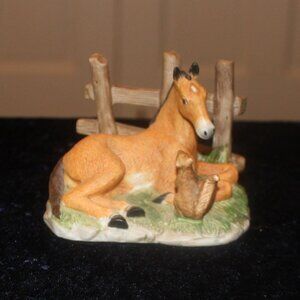Homco #1461 Horse Foal Colt & Squirrel With Fence Figurine